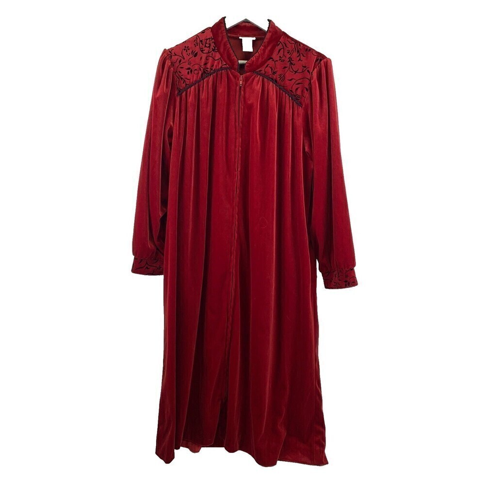Delicates Red Velour Robe Zip‎ Lounger Long Embroidered Vintage Womens Medium